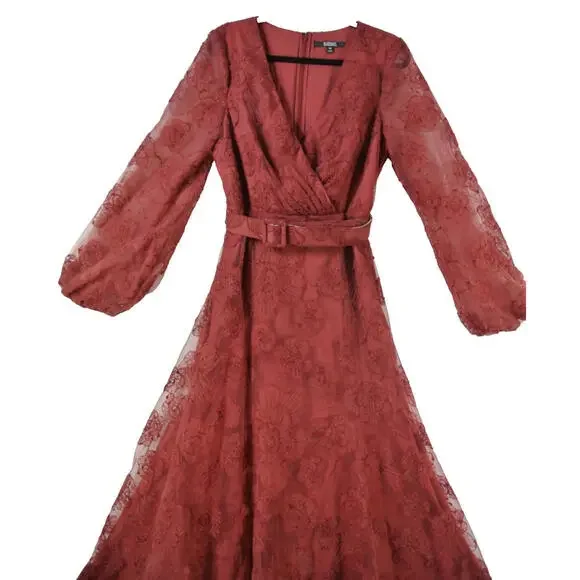 New, Badgley Mischka Belted Embroidered Tulle Gown in Burgundy Size 12 #LD062
